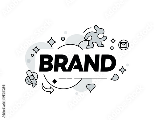 Brand recognition. A bold central logo-like shape stands out while smaller icons echo around it, creating a sense of identity and consistency. Subtle sparkles