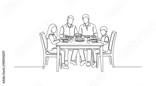 "Family Meal Time". Minimalistic one-line drawing family sitting around dining table sharing food, continuous single black line on white background, simple