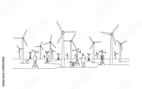 "Wind Power Testing Site". Minimalistic one-line drawing turbines with monitoring equipment and scientist figure observing, continuous single black line on