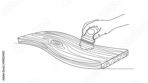 "Creative Wood Design". Minimalistic one-line drawing wood piece being sanded and detailed by hand with smooth curves and grain indication, continuous single