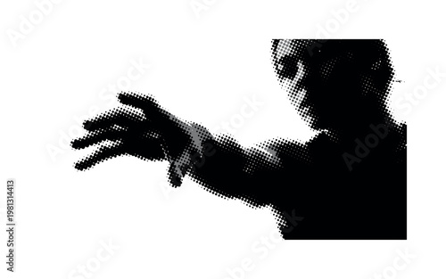 A hand and shoulder silhouette mid-turn gesture, tightly framed and dynamic angle, monochrome halftone illustration, visible print dots, editorial graphic