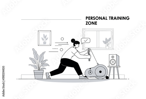 Personal training zone. A single user exercises in a clean basement setup, with minimal decor like a plant and speaker nearby. Subtle motion lines and dots