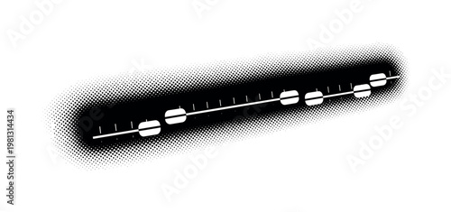 A row of minimal slider controls aligned horizontally, off-center composition with strong negative space, black and white halftone illustration, dot pattern