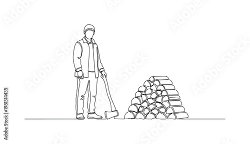 "Firewood Preparation". Minimalistic one-line drawing stacked chopped logs next to person with axe resting, continuous single black line on white background,