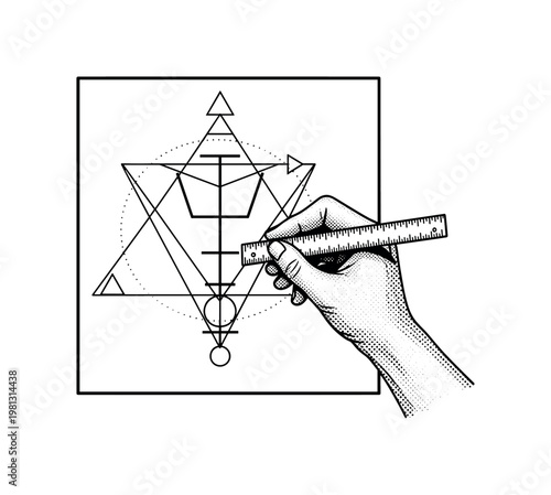 A hand using a ruler to draw a minimal geometric sigil, tightly framed and symbolic, monochrome halftone illustration, visible print dots, editorial graphic
