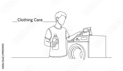 "Clothing Care". Minimalistic one-line drawing person handling detergent and washing machine interface, continuous single black line on white background,