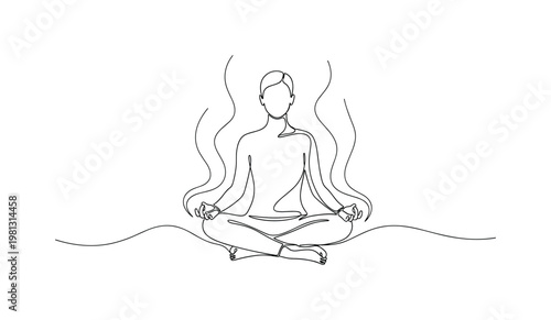"Meditation". Minimalistic one-line drawing person sitting cross-legged with hands on knees and gentle aura lines, continuous single black line on white