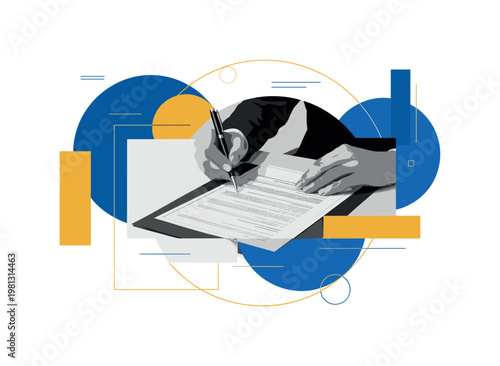 person submitting citizenship application documents at desk as main subject, black and white realistic figure and papers, bold blue and gold geometric circles