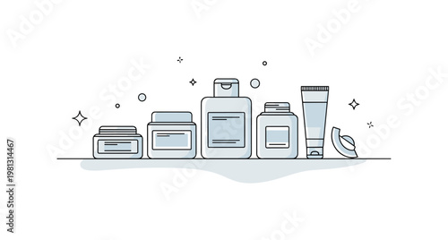 Clean skincare lineup. A single row of minimal containers with soft labels and rounded forms sits centered, with gentle light accents. Small dots and sparkles