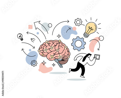 Neuropsychology of creativity and problem-solving. A stylized brain sits at the center with interconnected nodes lighting up, while abstract shapes like gears