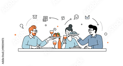Shared dining moment. A single table scene shows people passing plates and drinks, connected by subtle arrows. Tiny dots and icons highlight communication and