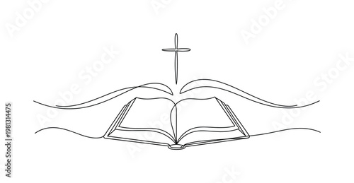 "Spiritual Guidance". Minimalistic one-line drawing open book with cross symbol and flowing lines suggesting direction, continuous single black line on white