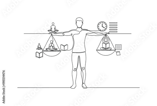 "Organized Self-Care". Minimalistic one-line drawing person balancing wellness activities with notes, clock, and subtle symbolic lines, continuous single black