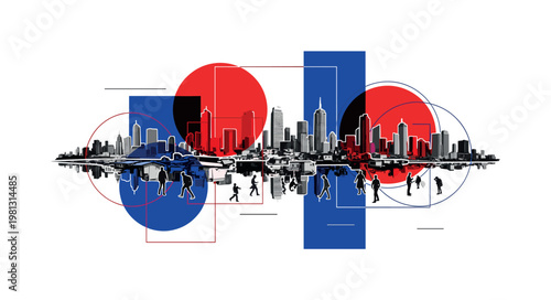 urban cityscape showing contrasting wealth and poverty as main subject, black and white realistic buildings and people, bold red and blue geometric circles and