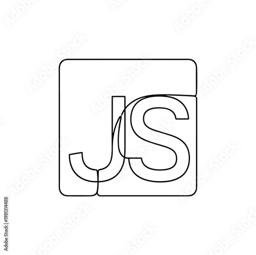 "JavaScript Logo". Minimalistic one-line drawing simplified JS logo with stylized letters "JS" in block or square, continuous single black line on white