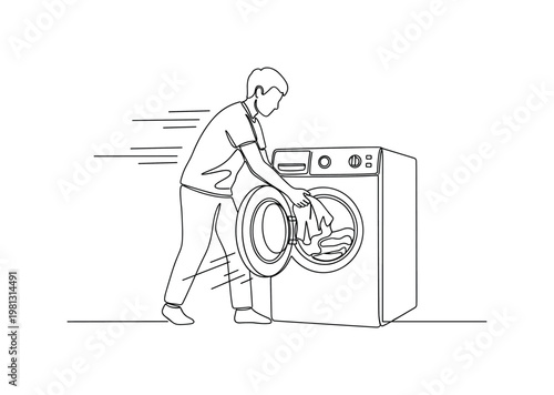 "Laundry Routine". Minimalistic one-line drawing person loading clothes into washing machine with motion lines, continuous single black line on white