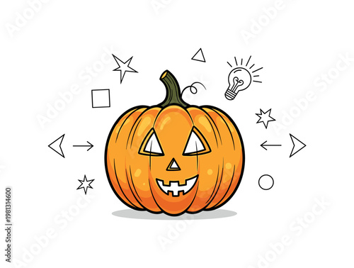 Creative pumpkin design. A single pumpkin features a unique abstract face pattern, with sketch lines and idea icons like stars and shapes around it. Subtle