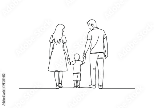 "Family Nurturing". Minimalistic one-line drawing family holding hands around child with gentle curves showing emotional bond, continuous single black line on