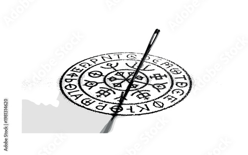 A piece of paper with a sketched sigil circle pinned by a sharp needle, isolated object, dynamic angle, monochrome halftone illustration, visible print dots,
