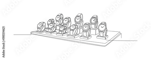"Horology Display". Minimalistic one-line drawing watches placed in a display case with refined arrangement, continuous single black line on white background,