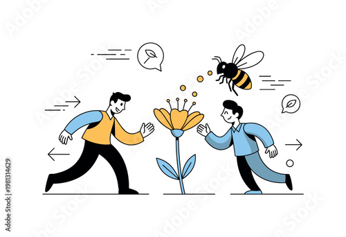 Insects in pollination. A single bee hovers near a blooming flower, gently collecting pollen while tiny particles float between them. Soft motion lines and