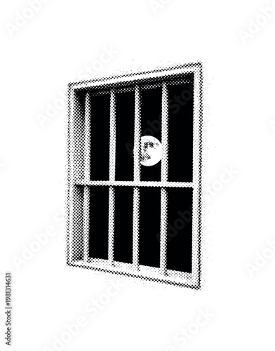 A barred window frame with the moon partially obscured behind it, symbolic of confinement, off-center composition with negative space, black and white halftone