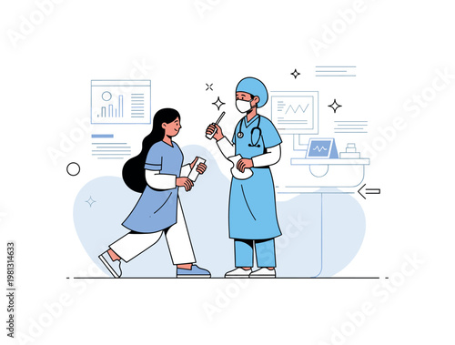 Clinical environment. A single healthcare worker is shown in a clean setting with minimal equipment and data displays. Small sparkles and lines highlight