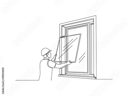 "Home Maintenance". Minimalistic one-line drawing person installing new glass pane into window frame, continuous single black line on white background, simple