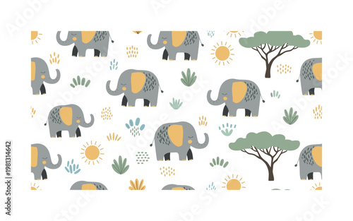 Cute elephants safari theme, seamless pattern, repeating pattern, surface design, textile print, soft color palette, modern illustration, no shadows, flat