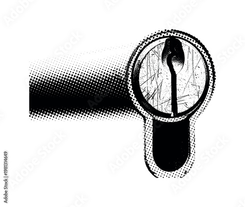 A detailed keyhole cylinder opening with worn metal edges and scratches, centered and partially cropped, monochrome halftone illustration, dense dot shading,