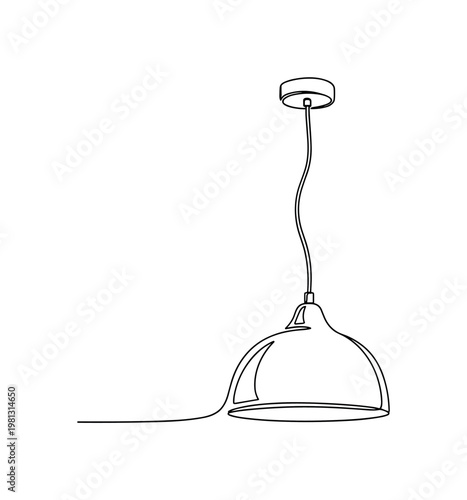"Pendant Lighting". Minimalistic one-line drawing hanging pendant light with cord and smooth curved shade, continuous single black line on white background,