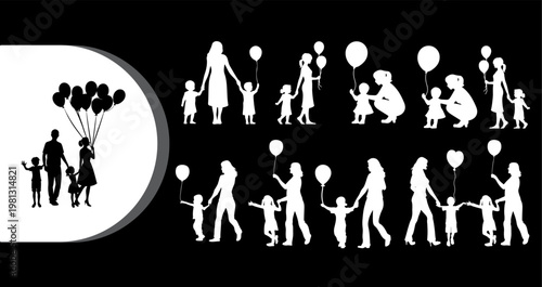 A collection of silhouetted family members and children holding balloons on a black background