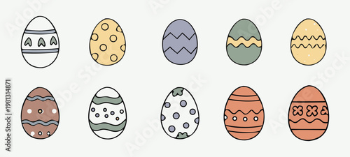 Easter egg illustration set decorative patterned oval icons vector collection isolated for holiday design. Soft pastel palette clean line style. Ideal for greeting, packaging, branding, print.