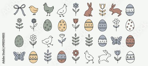 Easter icon set spring symbols bunny egg flower chicken bow vector collection for holiday design. Clean outline style with pastel accents. Ideal for greeting, packaging, branding, sticker, print.