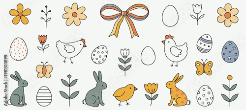 Easter icon set spring symbols bunny egg flower chicken bow vector collection for holiday design. Clean outline style with pastel accents. Ideal for greeting, packaging, branding, sticker, print.