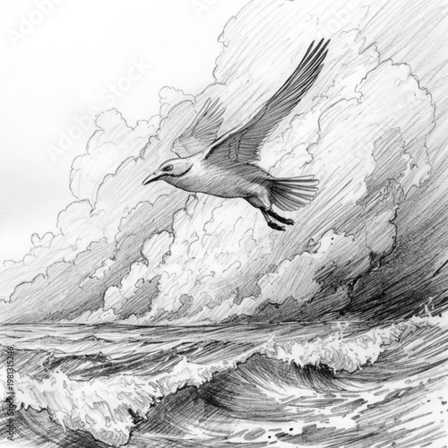 Seagull flying over turbulent ocean waves with stormy clouds in the background dramatic monochrome illustration