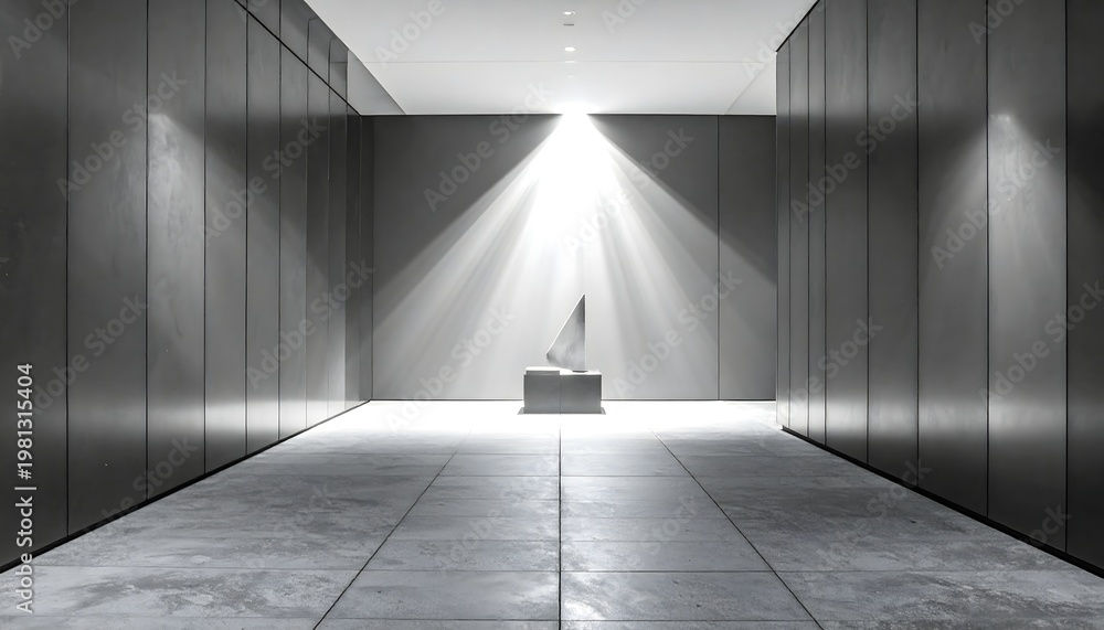 Obraz premium Dramatic lighting in a sleek modern hallway, spotlight illuminating an abstract sculpture, minimalist art gallery interior design.