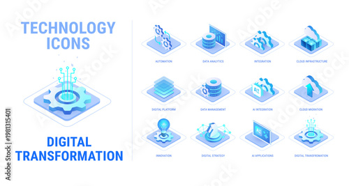 Technology icons set for Digital Transformation workflow diagram - AI, data analytics, business automation, integration, cloud, platform - high quality isometric vector isolated on white background