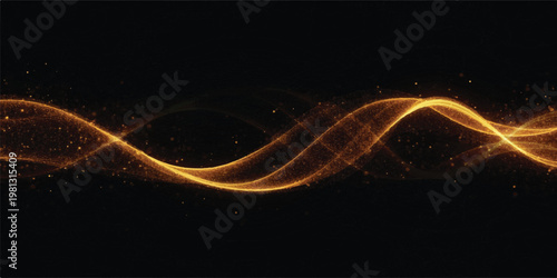 Golden swirling light wave with sparkles on dark background particle abstract background ethereal futuristic illustration illusion infinite movement seamless template transparent