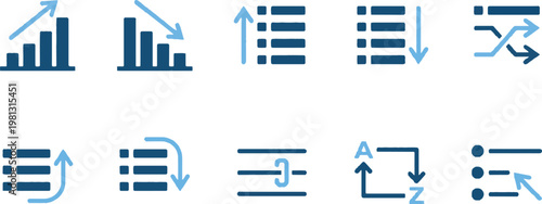 A collection of blue and green business chart and graph icons