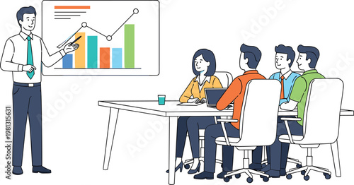 Business presentation with financial charts and graphs in office meeting showing team analysis and strategic planning discussion illustration