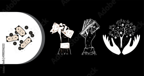 A black and white illustration of money and a tree growing out of hands