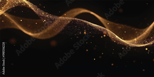 Tableau sur toile Golden wavy particle flow with sparkles on black abstract background gold partic