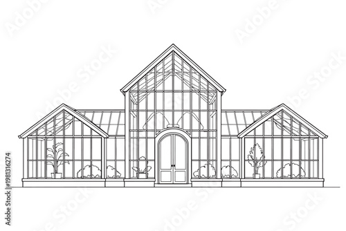 Architectural Line Drawing of a Symmetrical Glass Greenhouse Conservatory With Central Arched Entrance