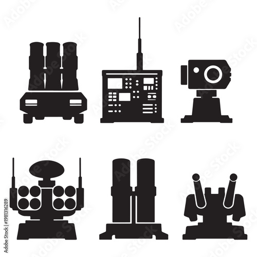Silhouettes of Military Air Defense Systems With Radars, Missile Launchers and Remote Turrets