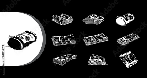 A black and white illustration of money bills scattered on a dark background