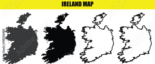 Four variations of the ireland map, including dotted, solid black, and outline styles