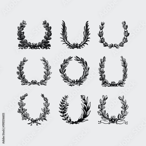 Laurel elegant classic ornamental floral border illustration set