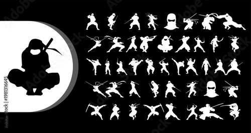 A collection of ninja silhouettes in various poses on a black background