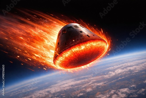 Spacecraft Atmospheric Re-Entry: Heat Shield Dynamics and Flame Trail in Space Exploration Science Fiction Imagery